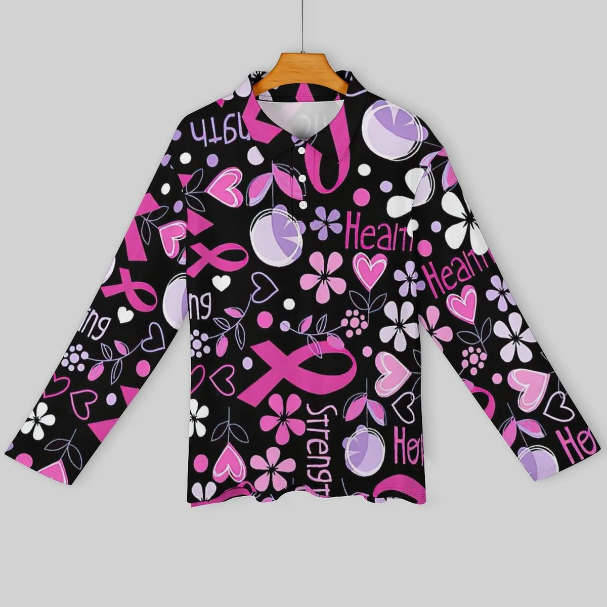 Men's Long Sleeve Polo Shirt - Pink Ribbon Strength Print - view 3