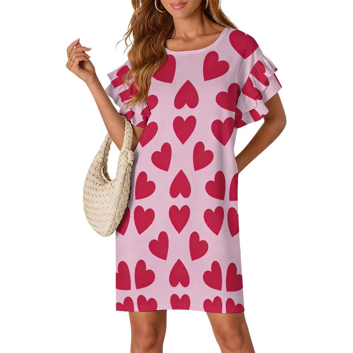 Women's Double Ruffle Sleeve Shift Dress - Big Red Hearts Print