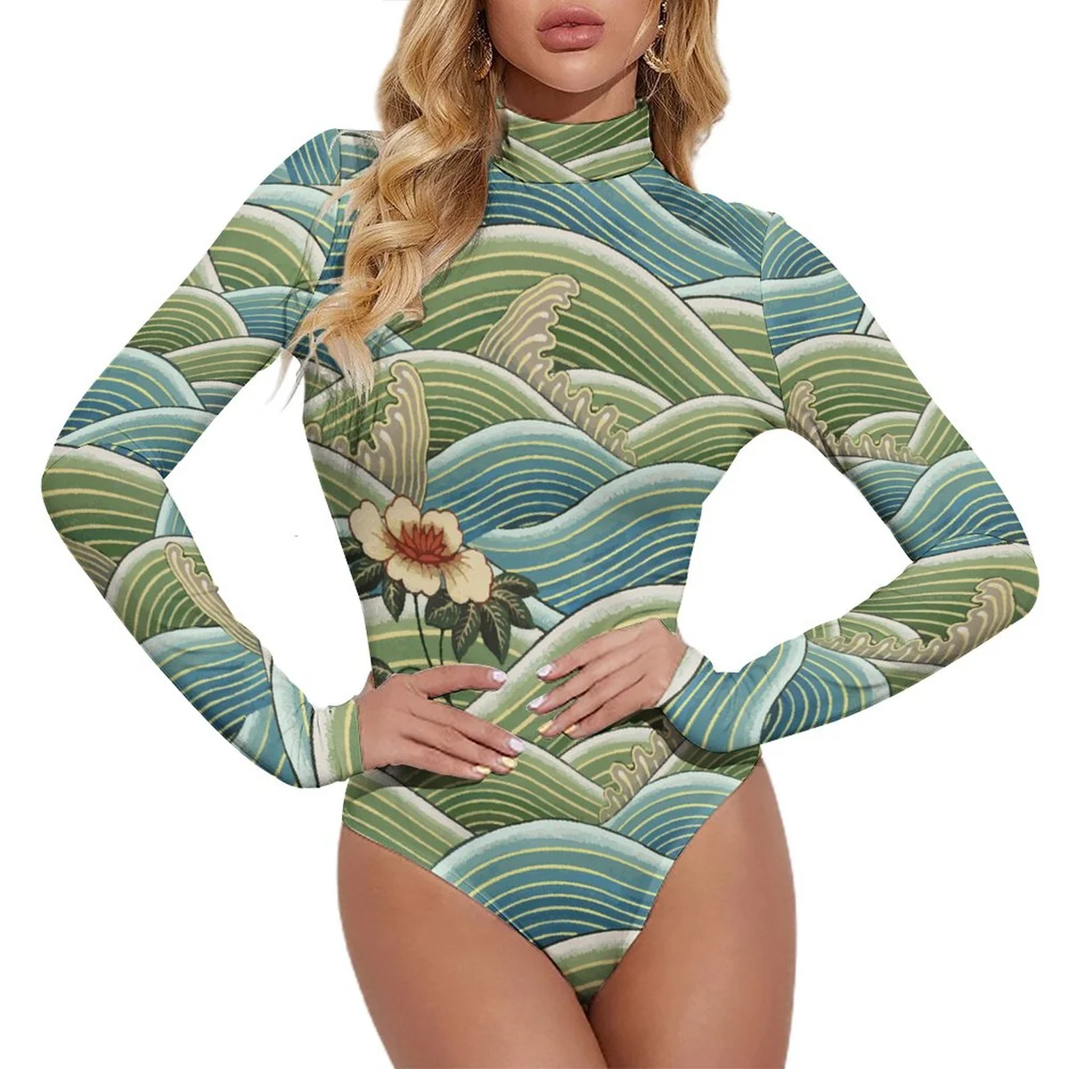 Women's Mock Neck Long Sleeve Bodysuit - Ocean Wave Blossom Print