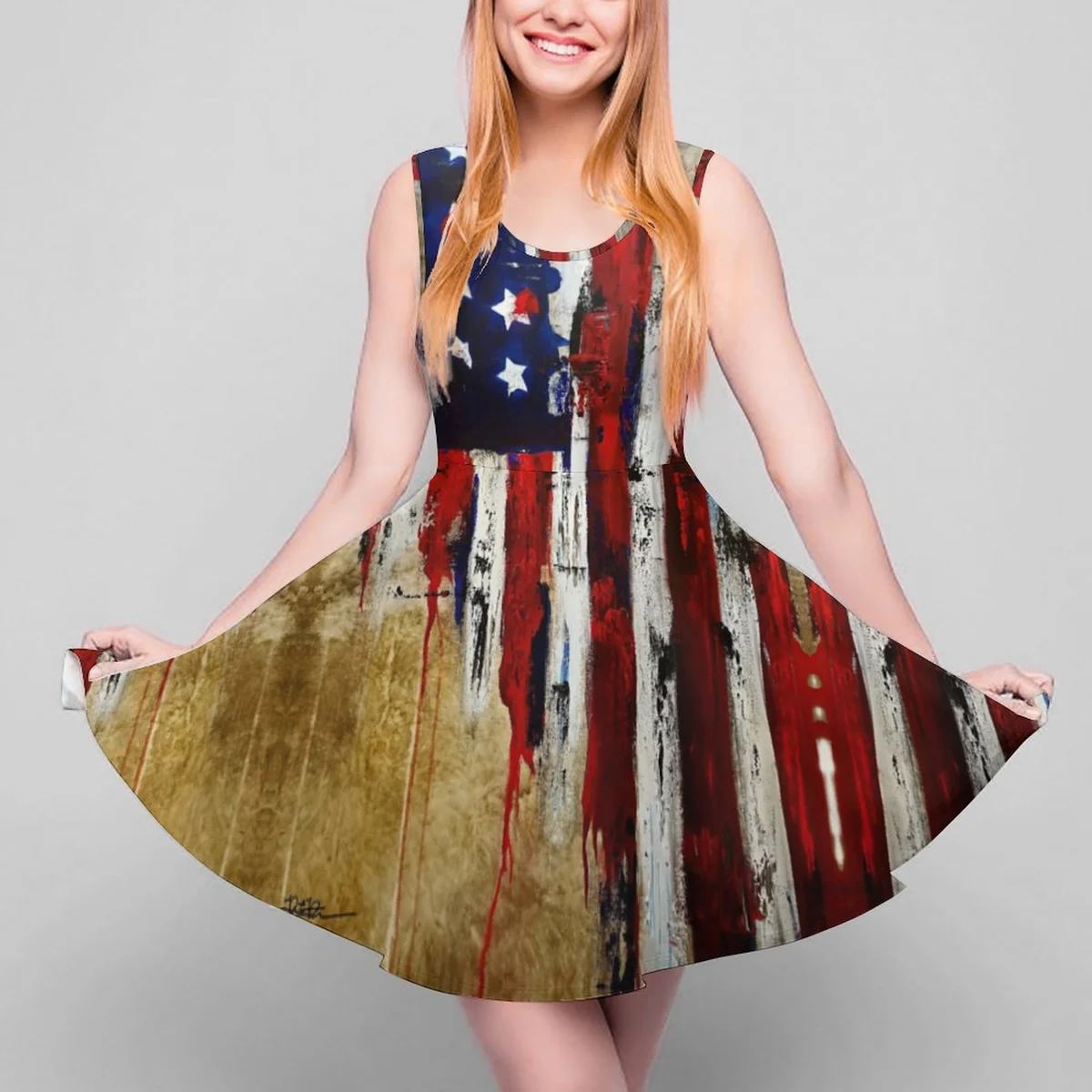 Women's Sleeveless Scoop-Neck Skater Dress - Rustic American Flag Print - view 5