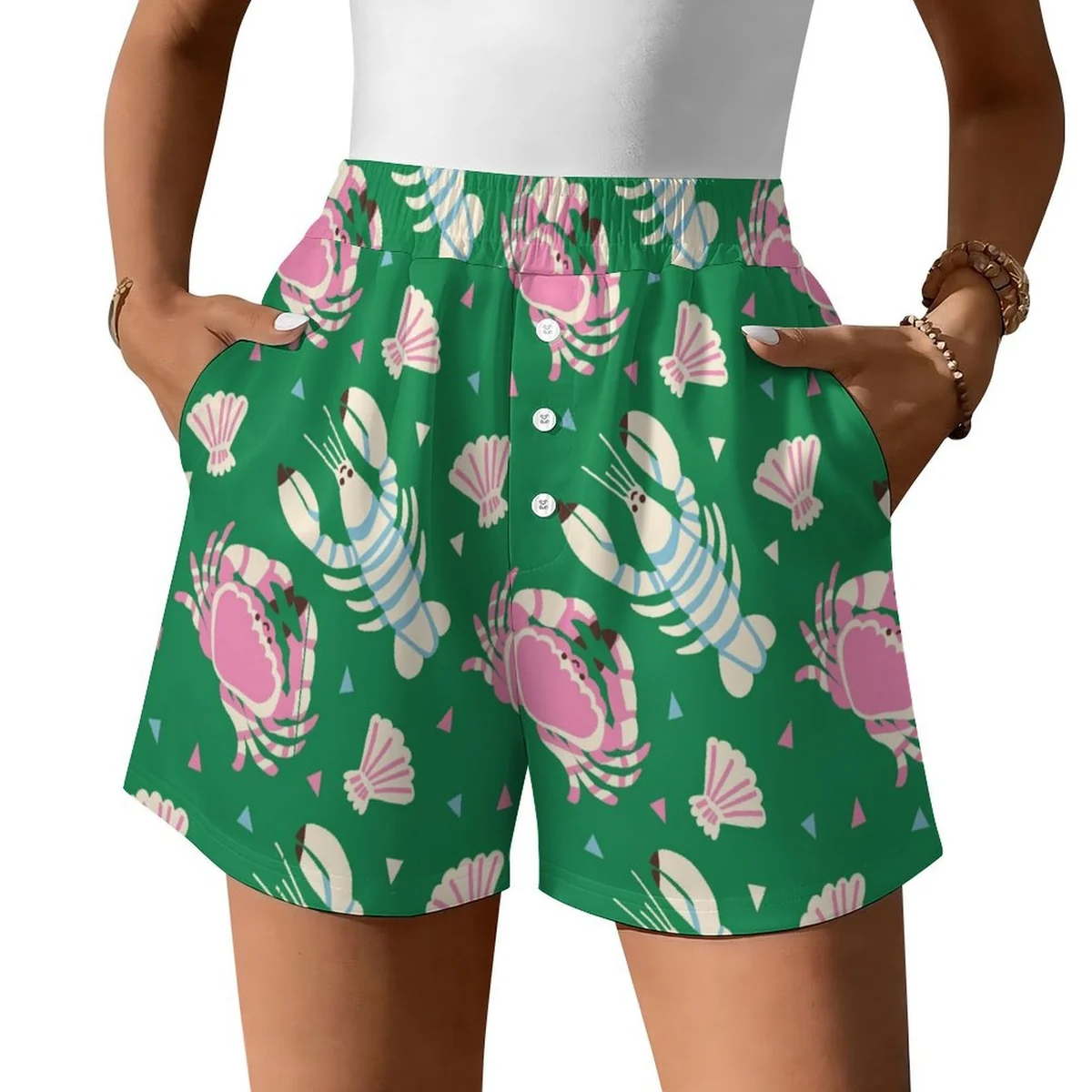 Women's Elastic Waist Lounge Shorts with Pockets - Crab and Seashell Print
