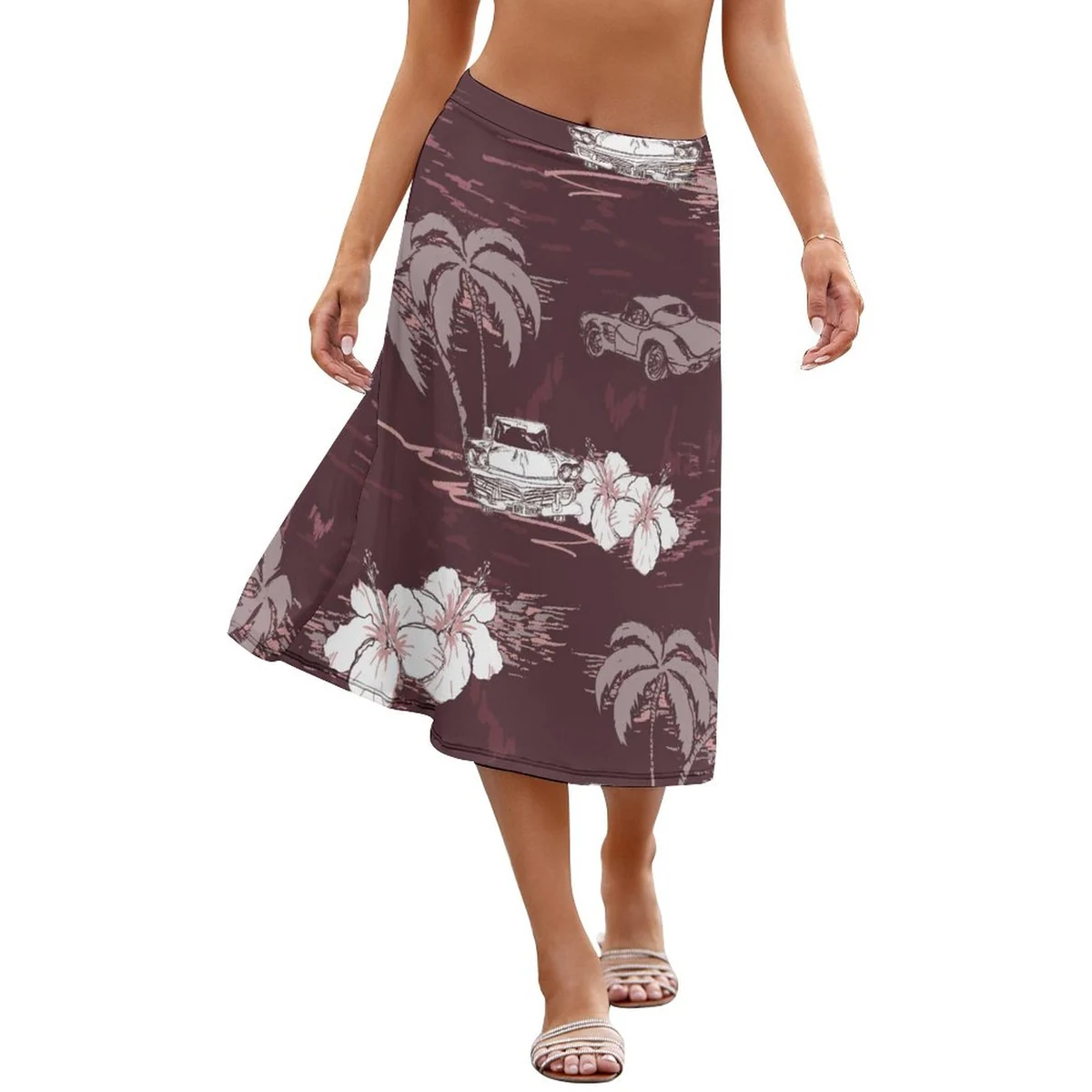 Women's High-Waist A-Line Midi Skirt - Island Hibiscus Scenery Print