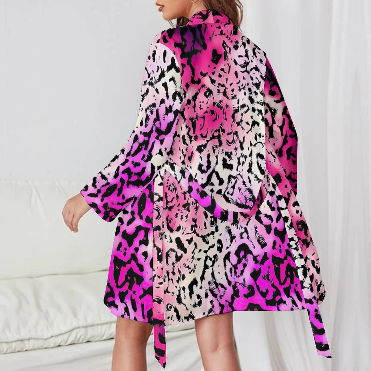 Women's Long Sleeve Belted Robe - Magenta Leopard Print - view 2