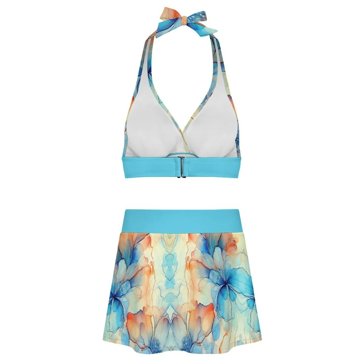 Women's Halter Bikini Top with Slit Swim Skirt - Watercolor Blossom Print - view 7