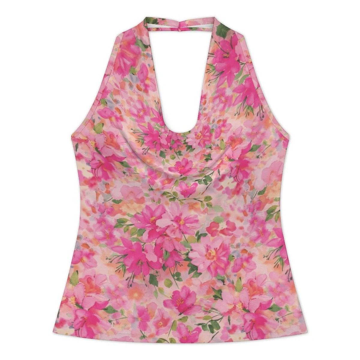 Women's Cowl Neck Halter Top - Pink Floral Cluster Print - view 3