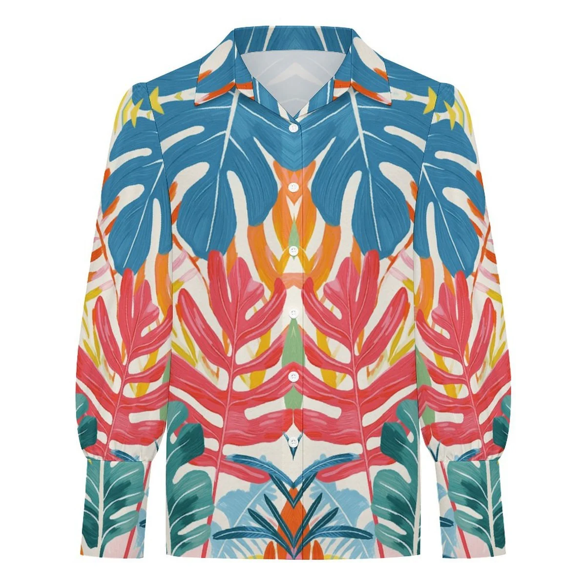 Women's Lantern Sleeve Button-Down Shirt - Bold Monstera Print - view 4