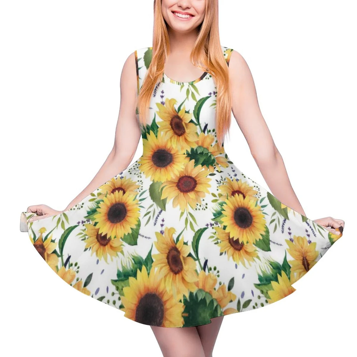 Women's Sleeveless Scoop-Neck Skater Dress - Sunflower Print