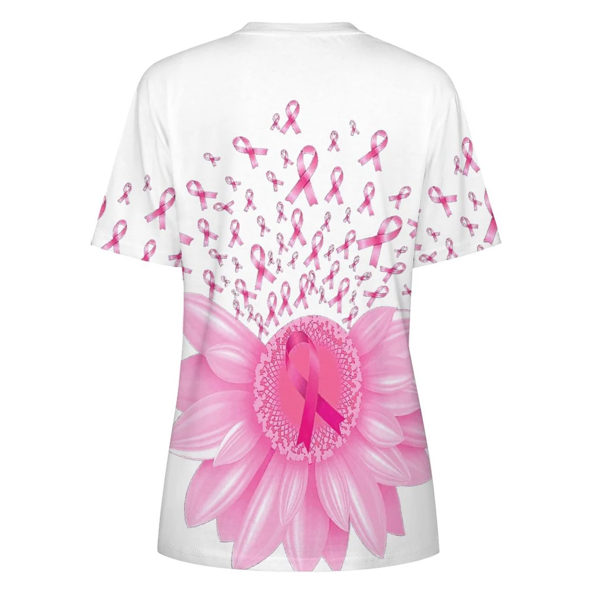 Women's Crew Neck Short Sleeve Cotton Tee - Pink Ribbon Daisy Print - view 5