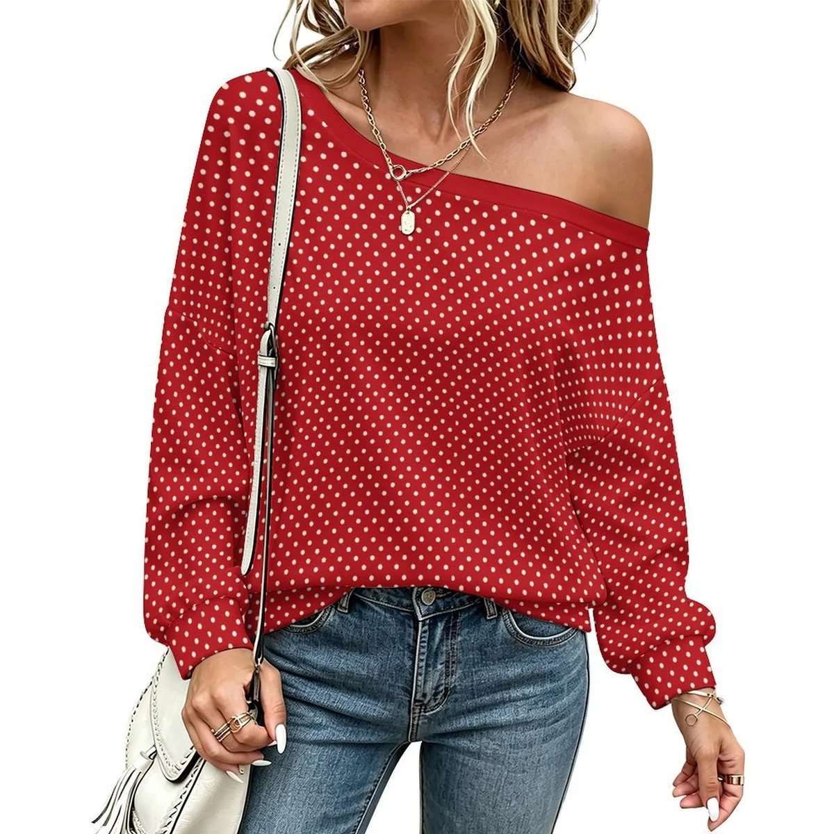 Women's Off-Shoulder Pullover Sweatshirt - Polka Dot Print