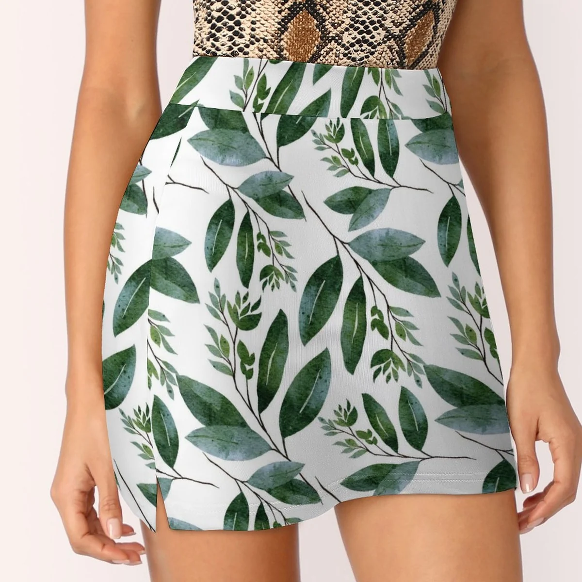 Women's Wrap Front Skort with Phone Pocket - Green Leaf Sprig Print - view 4