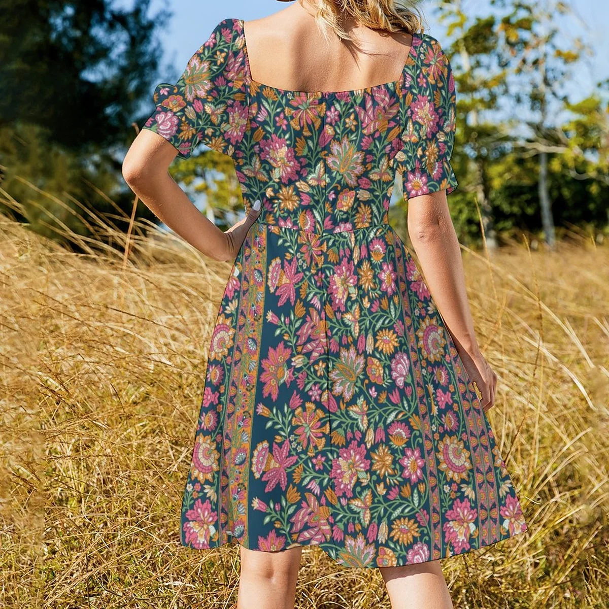 Women's Sweetheart Puff Sleeve Midi Dress - Paisley Garden Print - view 3