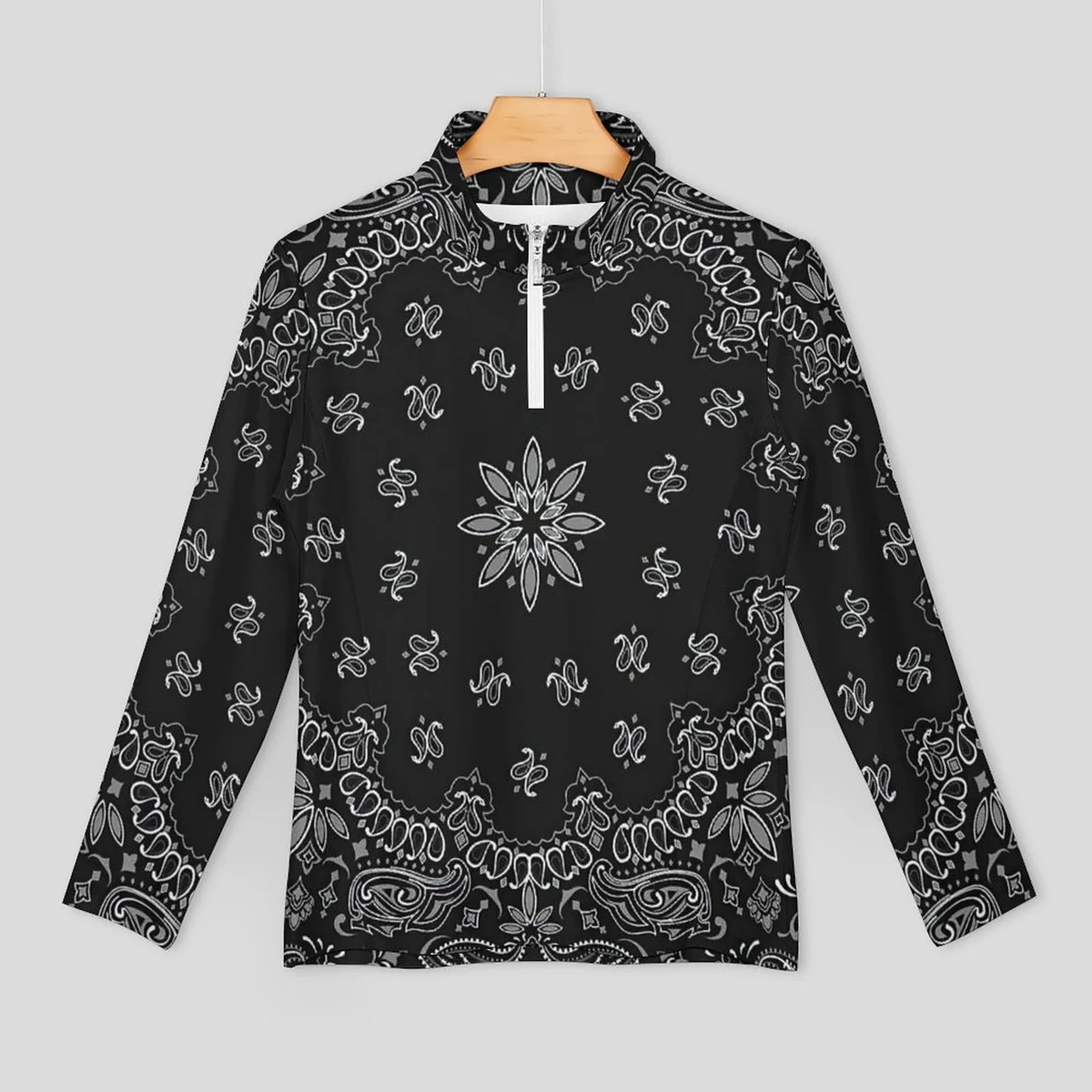 Women's Quarter Zip Long Sleeve Athletic Pullover - Black Bandana Paisley Print - view 5