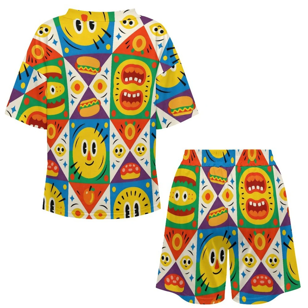 Women's Short Sleeve Pajama Shorts Set - Retro Smiley Mosaic Print - view 6