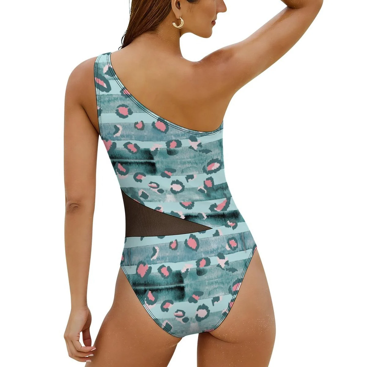 Women's One-Shoulder Mesh Panel One-Piece Swimsuit - Aqua Leopard Print - view 3
