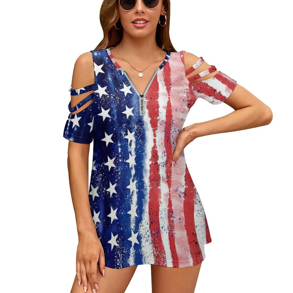 Women's Zip Front Cutout Sleeve Tunic Top - Painted Stars and Stripes Graphic