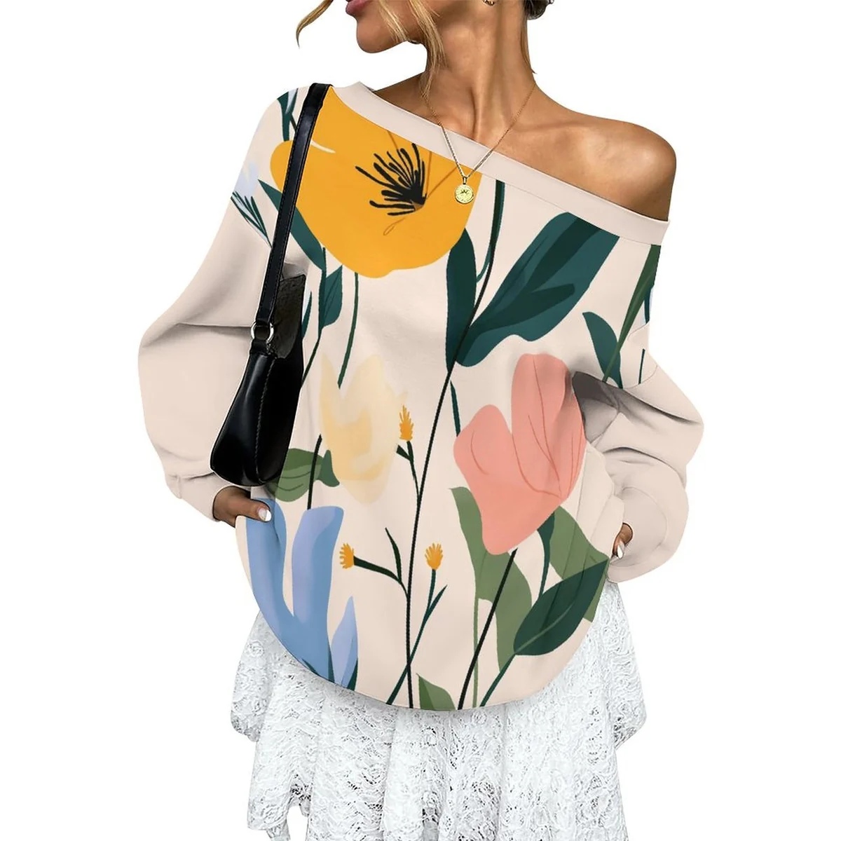 Women's Off-Shoulder Pullover Sweatshirt - Modern Poppy Print - view 3