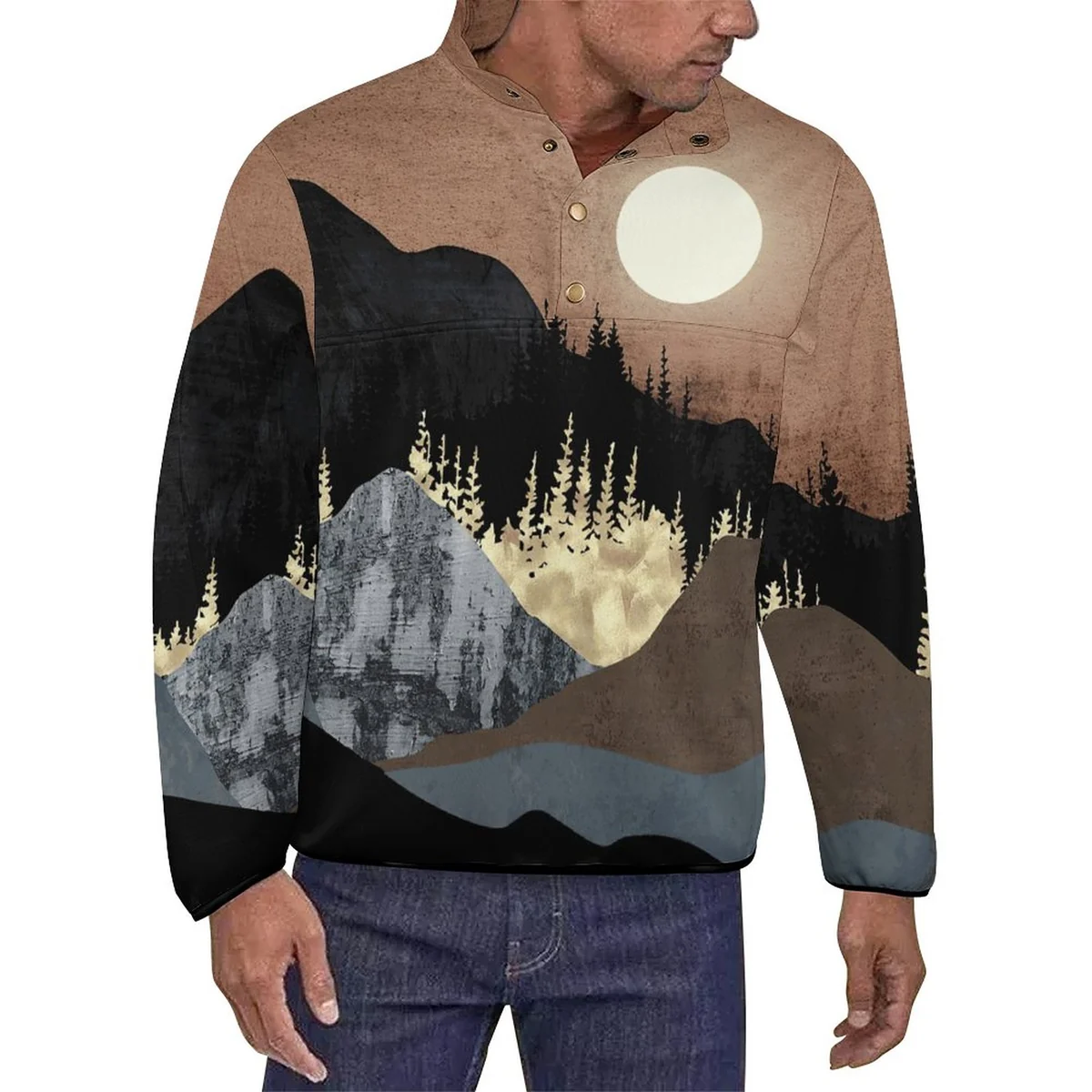 Unisex Henley Collar Sweatshirt - Moonlit Mountain Print