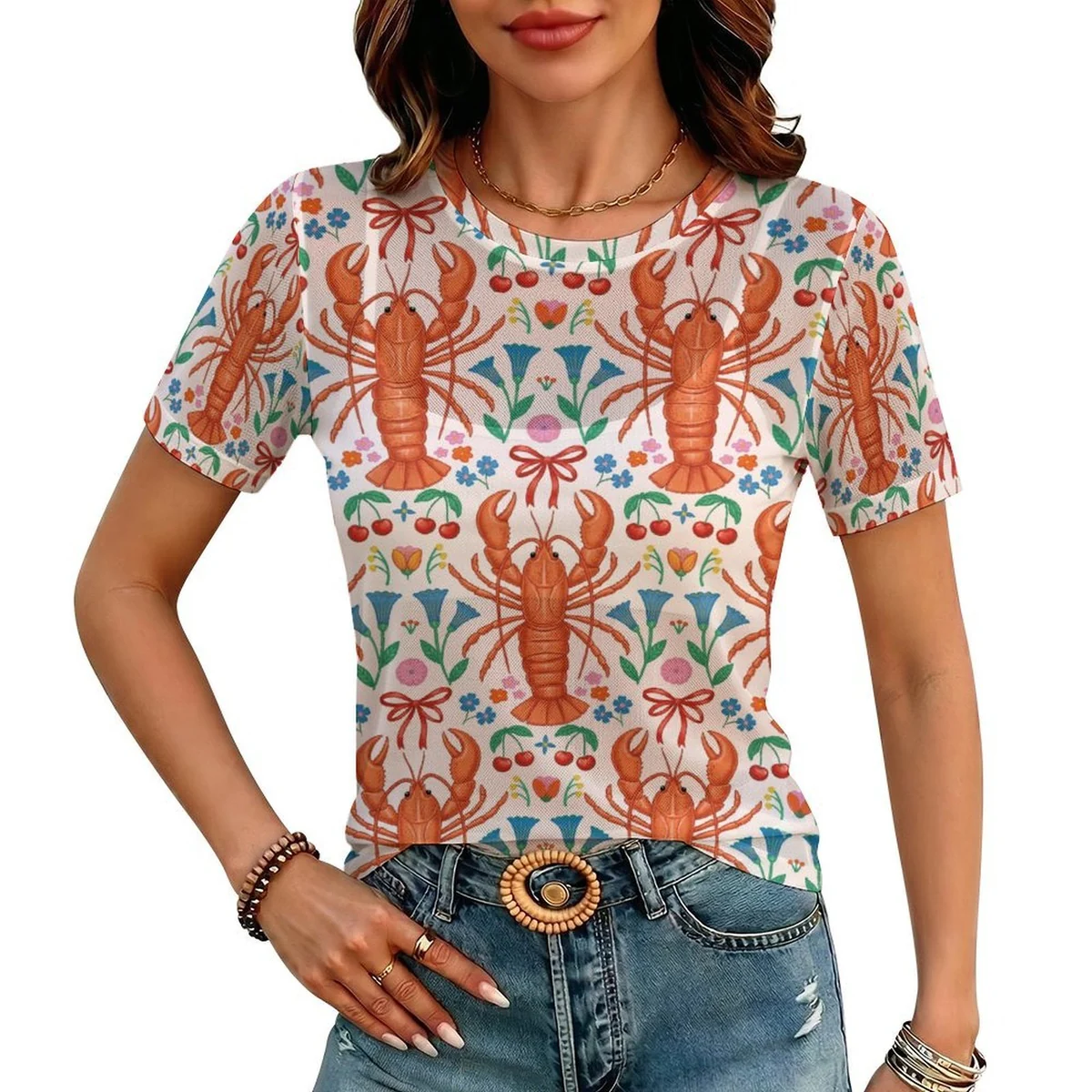 Women's Short Sleeve Mesh Crew Neck Tee - Lobster Folk Art Print