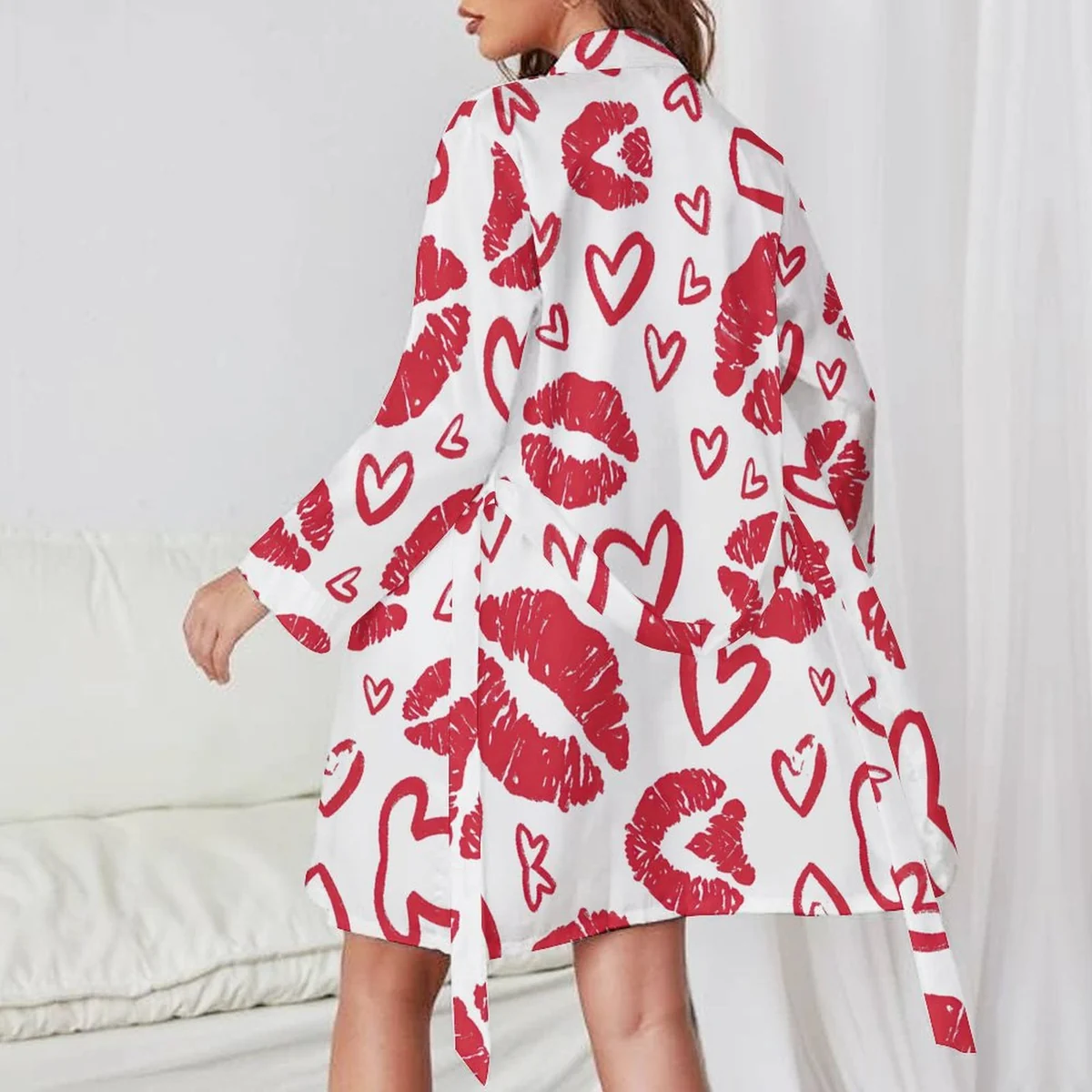 Women's Long Sleeve Belted Robe - Red Lips and Hearts Graphic - view 2