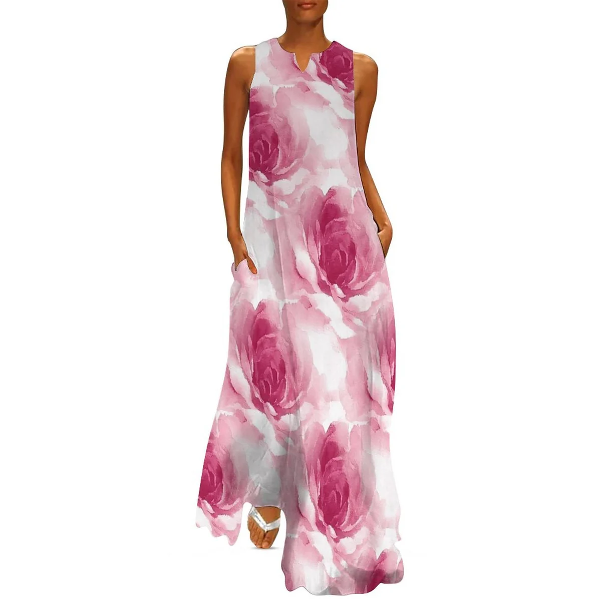Women's Sleeveless Scoop-Neck Maxi Dress - Watercolor Rose Print
