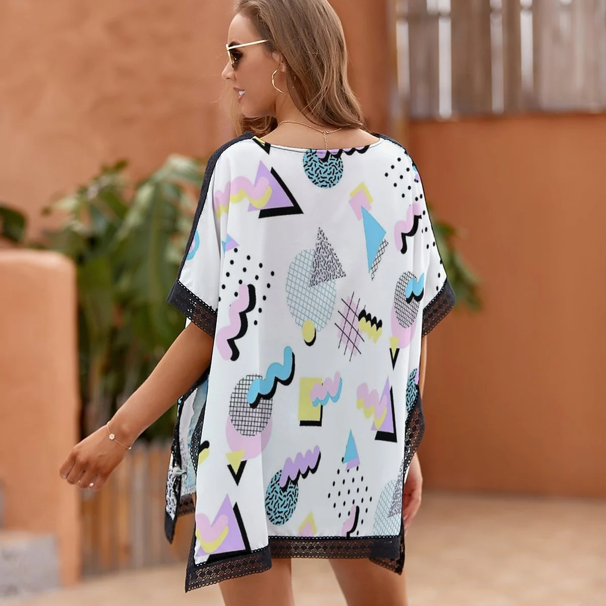 Women's Open Front Kimono Cover-Up - 90s Memphis Shapes Print - view 5