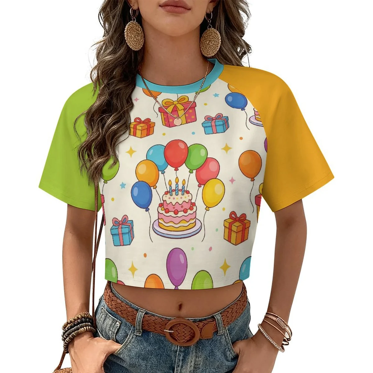 Women's Raglan Crop Tee - Birthday Balloon Party Print