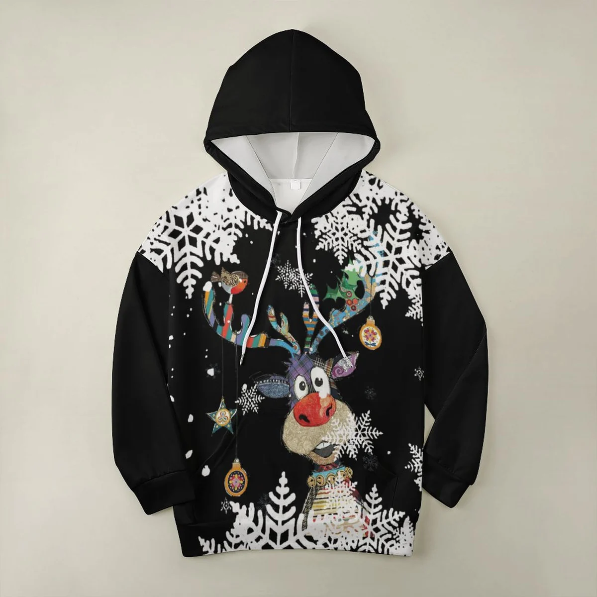 Women's Drop Shoulder Hoodie - Snowflake Reindeer Print - view 6