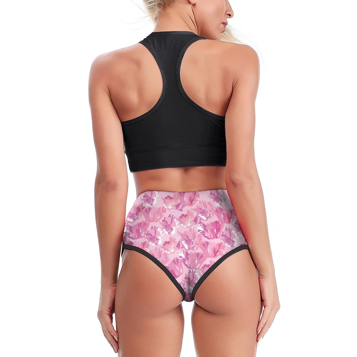 Women's High-Waist Booty Yoga Shorts - Pink Watercolor Blossom Print - view 5