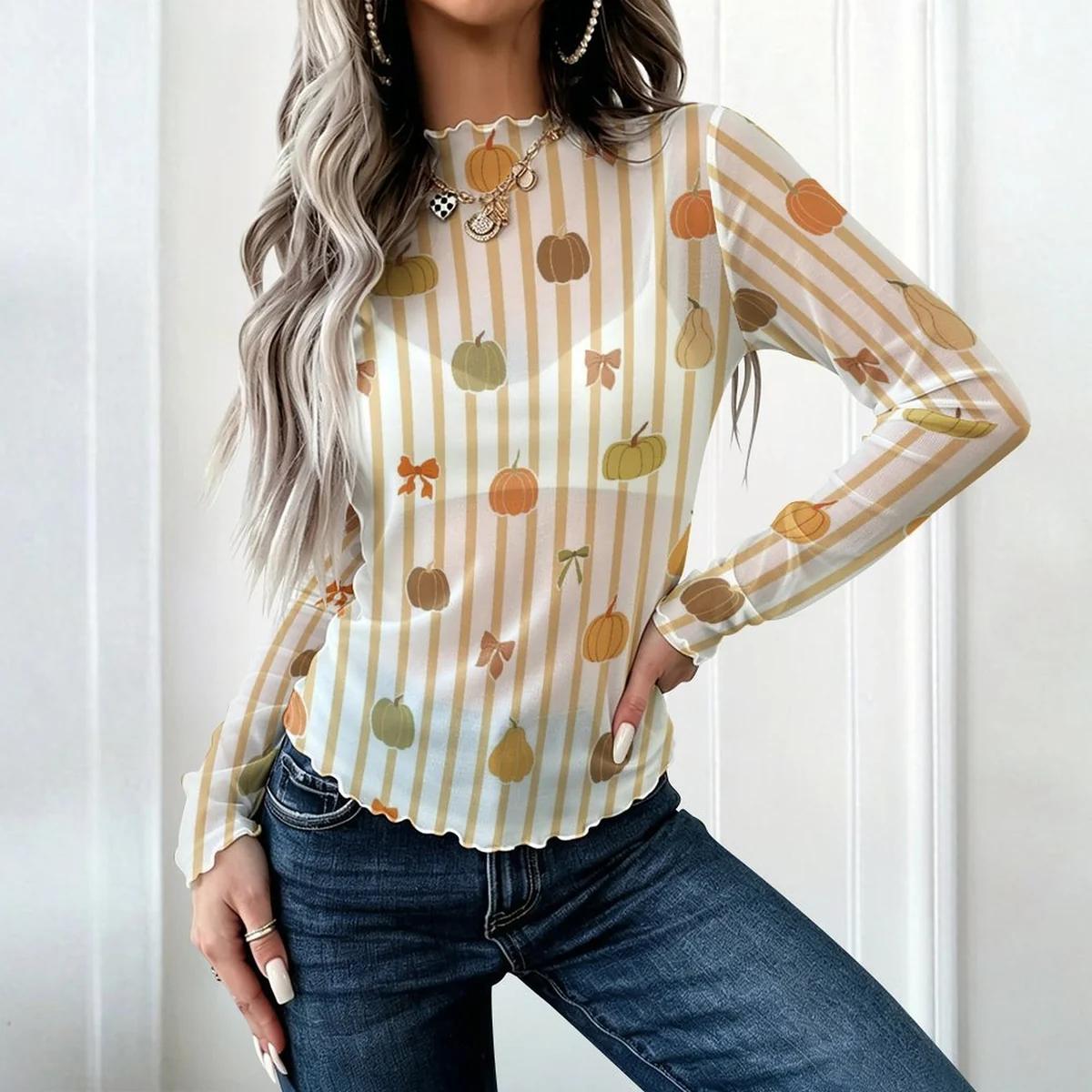 Women's High Neck Long Sleeve Mesh Top - Pumpkin Stripe Print - view 2