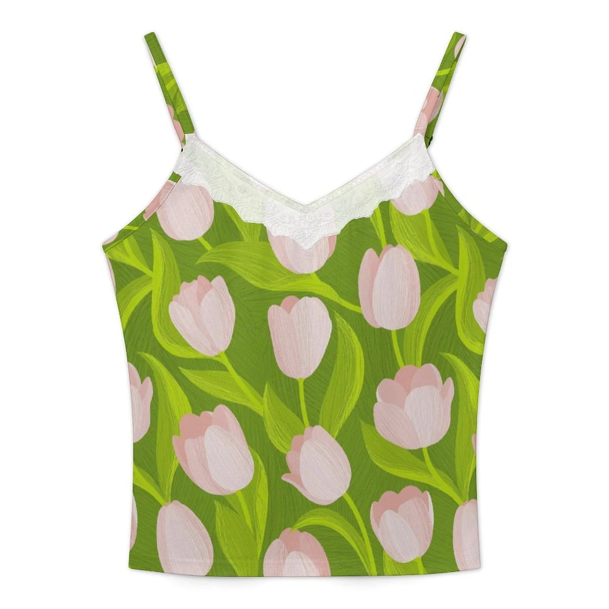 Women's Lace Trim V-Neck Cami Top - Pink Tulip Print - view 3