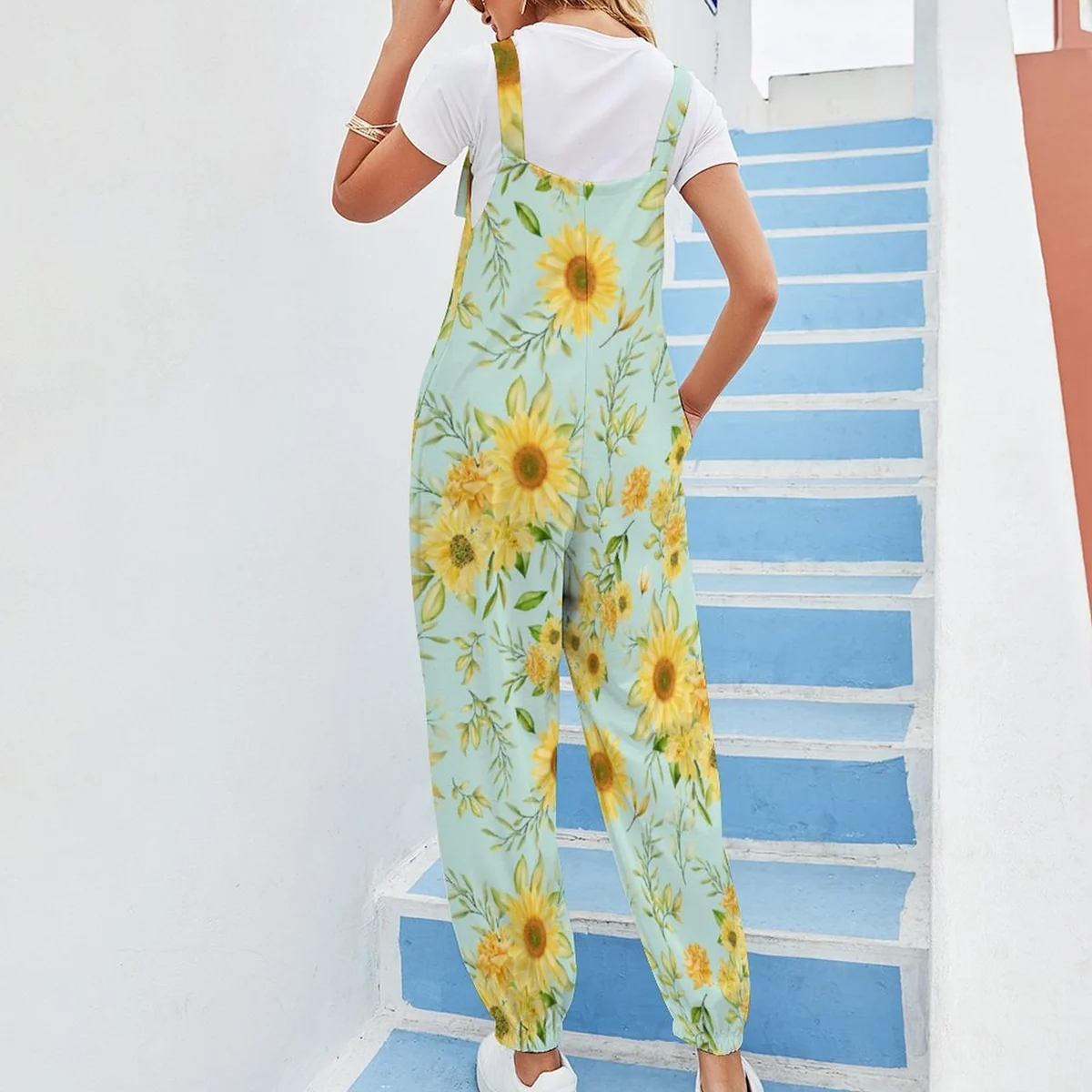 Women's Bow Shoulder Harem Jumpsuit - Sunflower Print - view 5