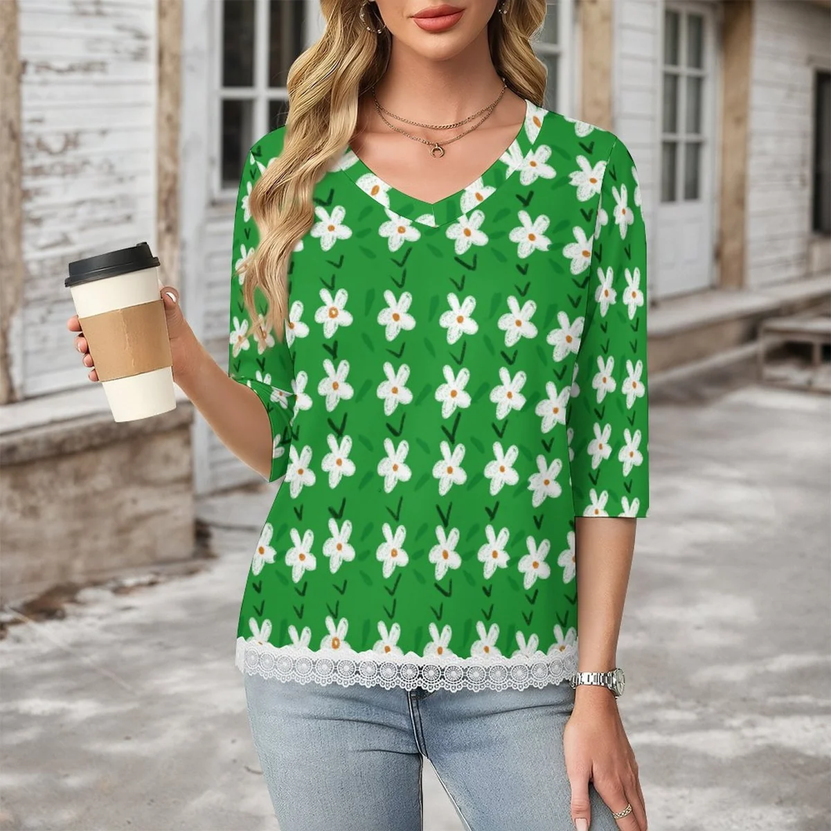 Women's Lace Hem V-Neck Three-Quarter Sleeve Top - White Blossom on Green Graphic - view 2