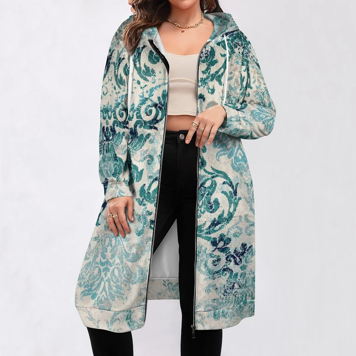 Women's Longline Full Zip Hooded Coat - Teal Baroque Damask Print - view 2