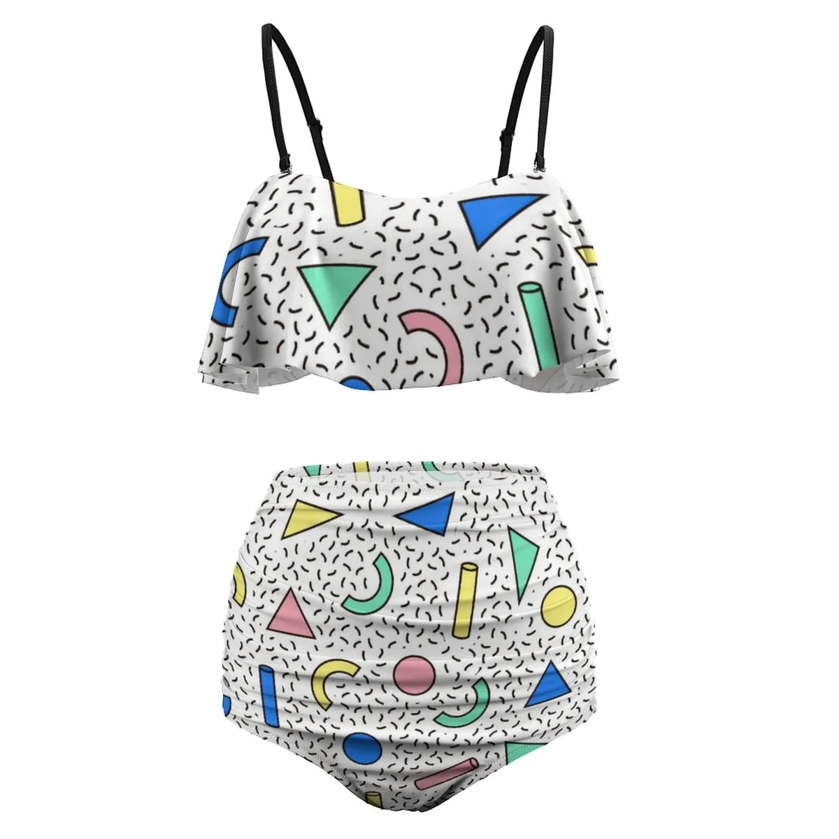 Women's Flounce High-Waist Bikini Set - 90s Memphis Shapes Print