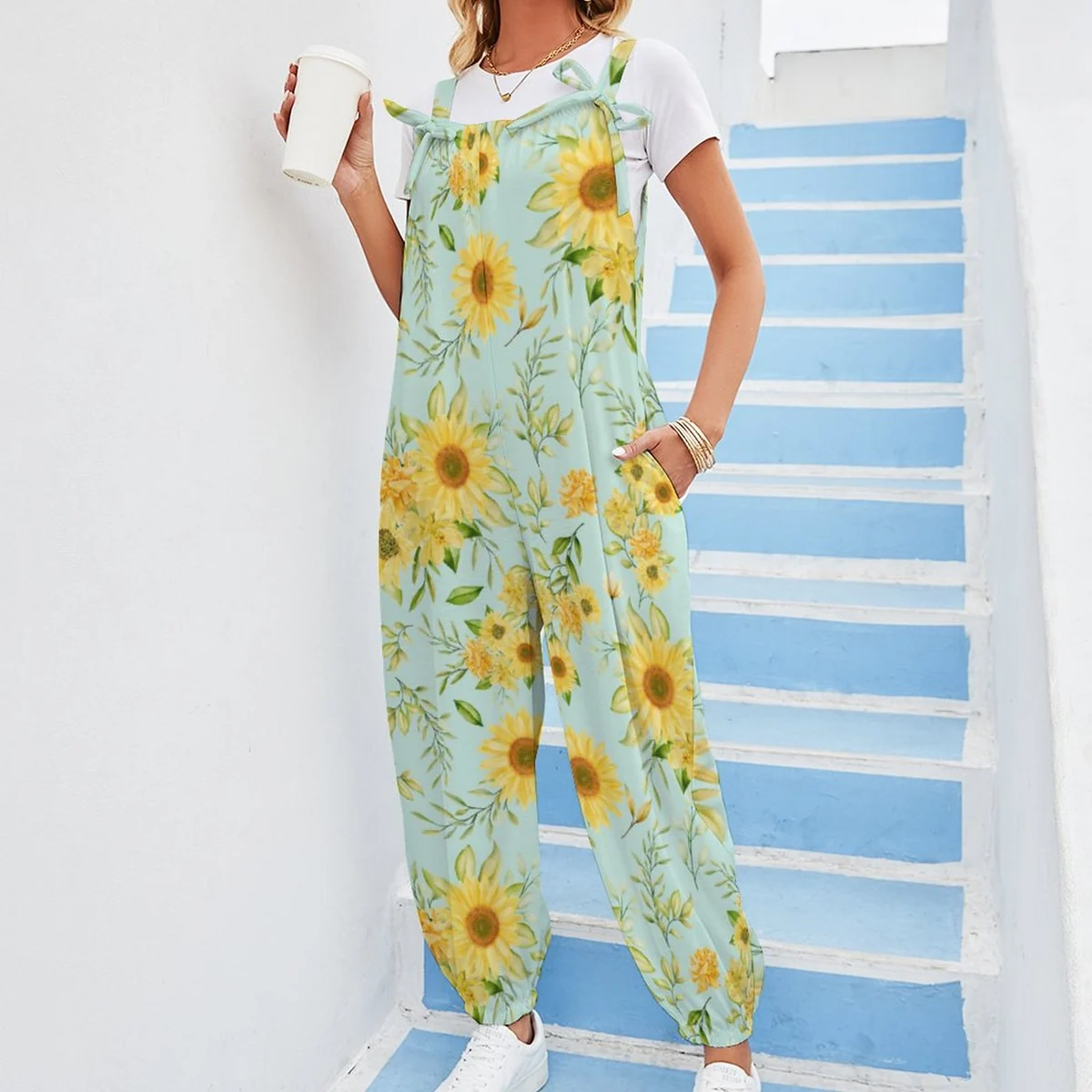 Women's Bow Shoulder Harem Jumpsuit - Sunflower Print - view 4