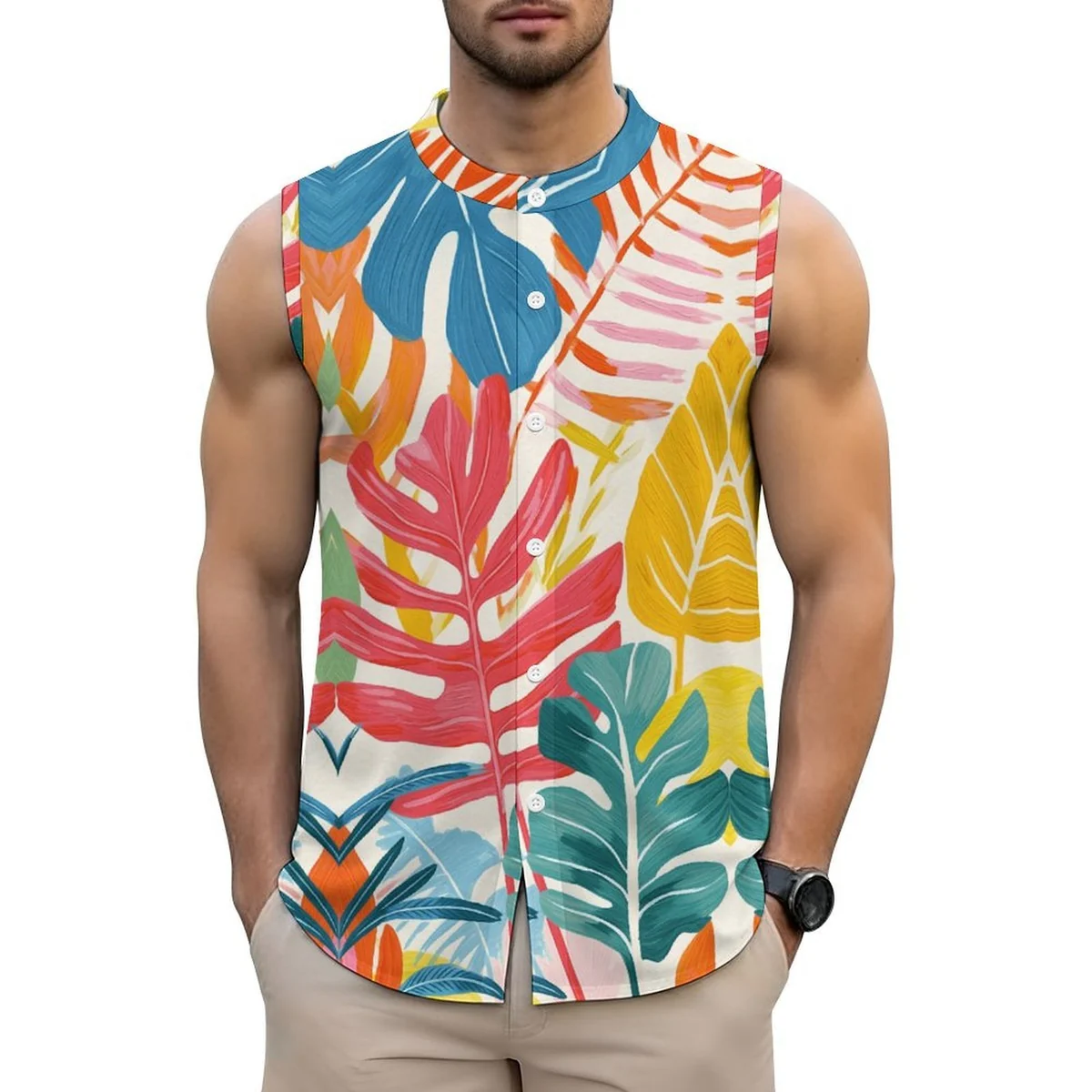 Men's Sleeveless Button-Up Shirt - Bold Tropical Leaf Print