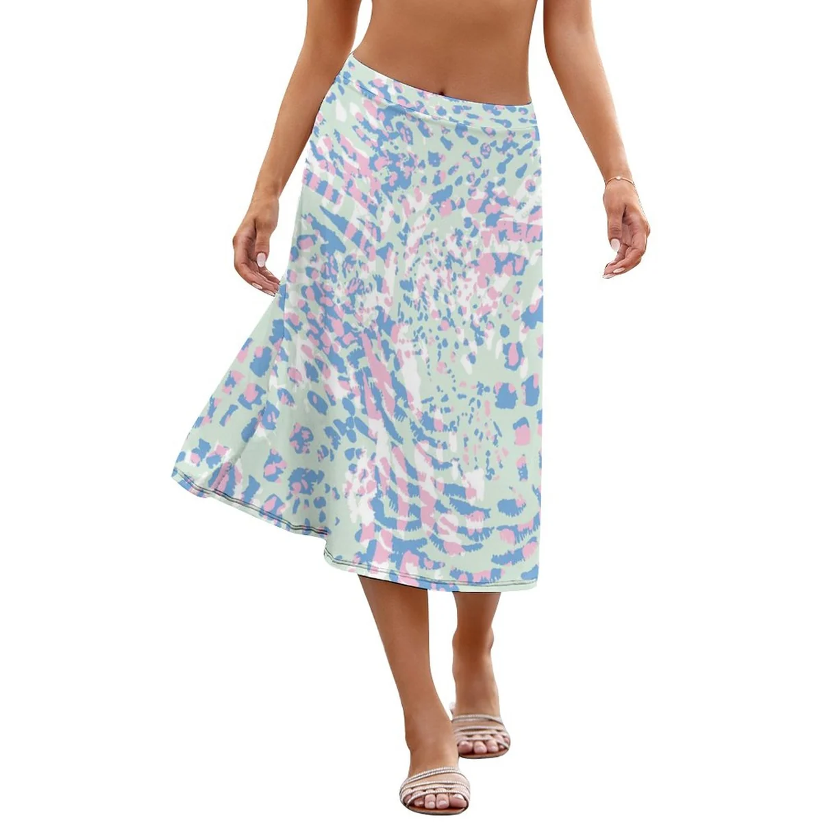 Women's High-Waist A-Line Midi Skirt - Pastel Leopard Print