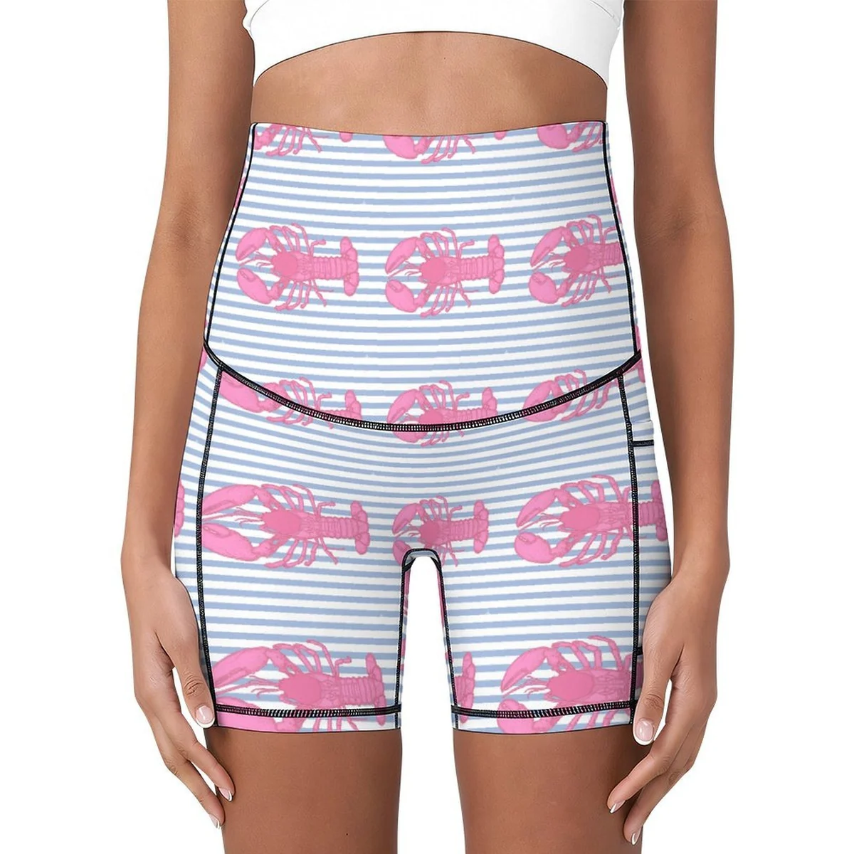 Women's Maternity High-Waist Bike Shorts with Pockets - Pink Lobster Stripe Print - view 3