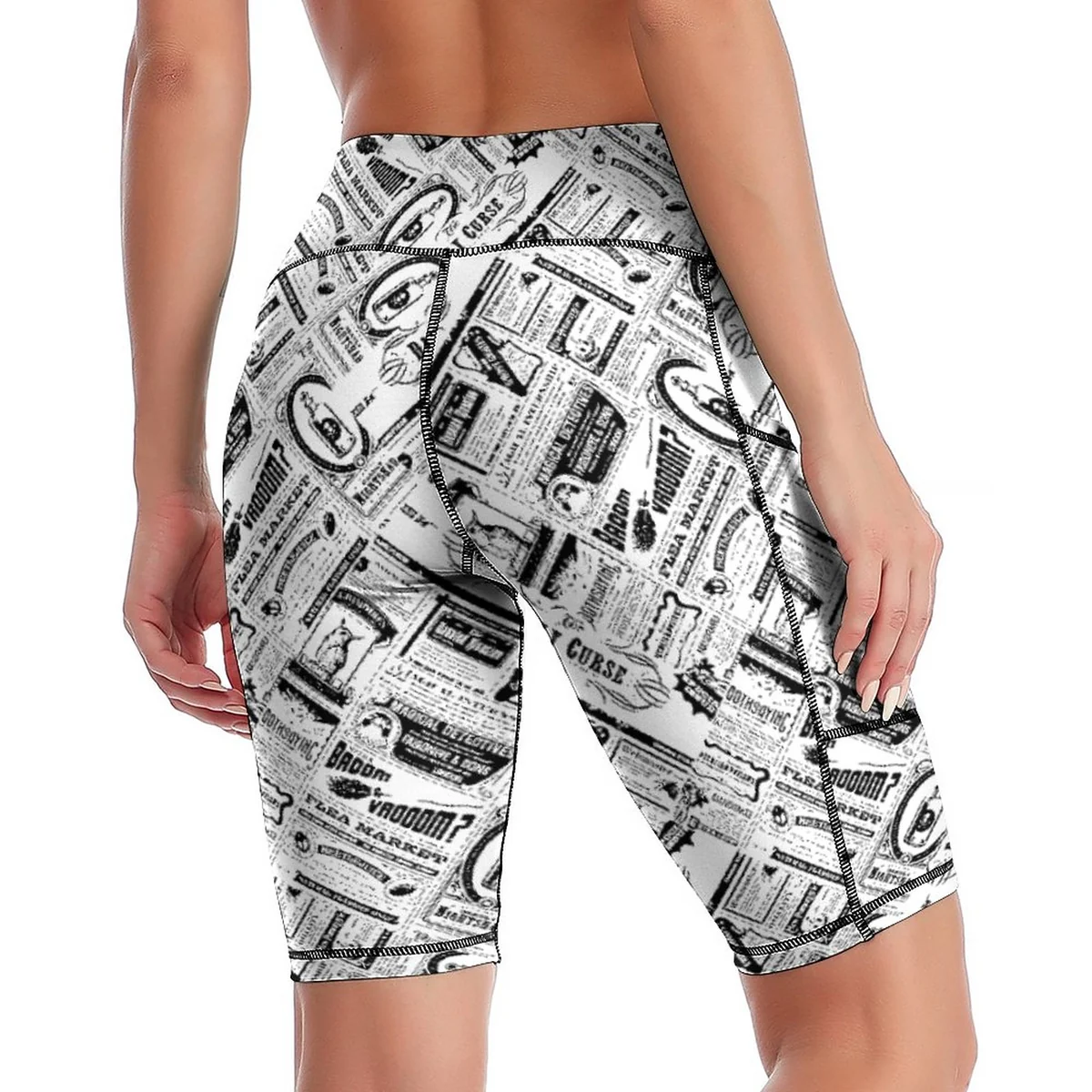 Women's High-Waist Bike Shorts with Pocket - Newsprint Collage Print - view 4