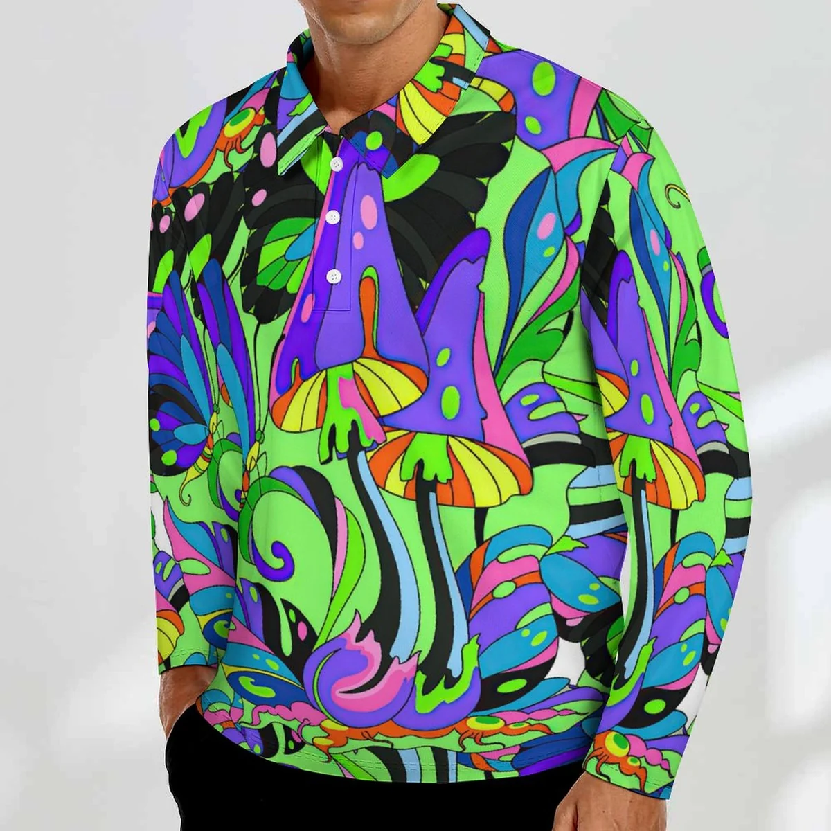 Men's Long Sleeve Polo Shirt - Psychedelic Mushroom Print - view 2