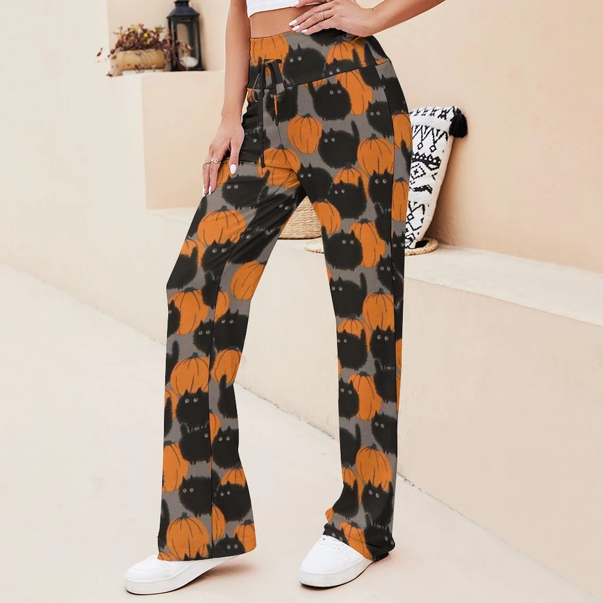 Women's Drawstring Straight Wide Leg Pants - Black Cat Crowd Print - view 3