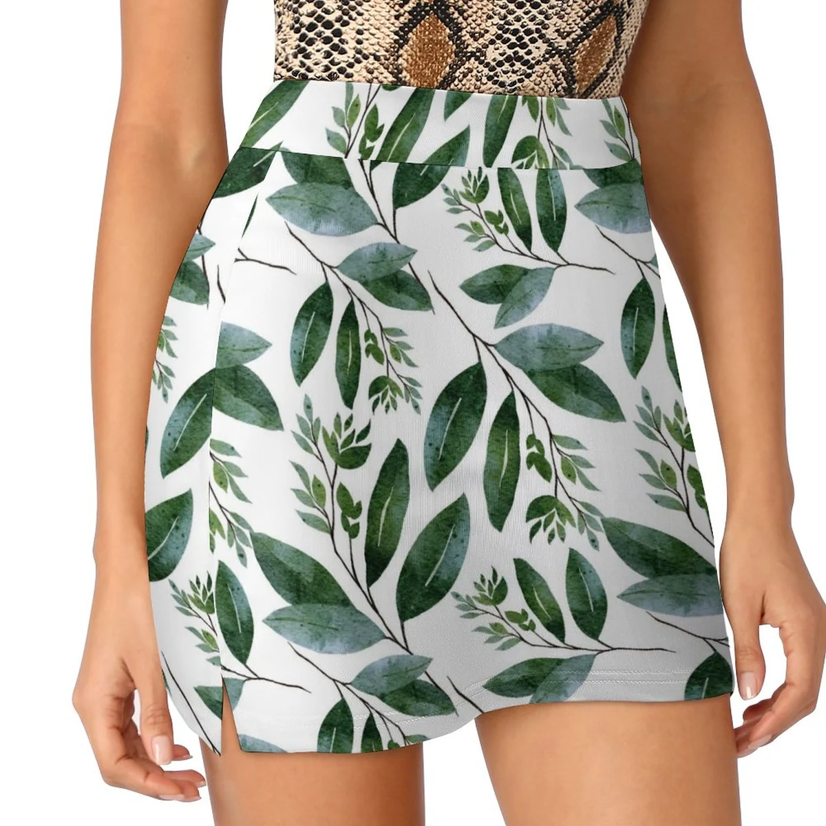 Women's Wrap Front Skort with Phone Pocket - Green Leaf Sprig Print