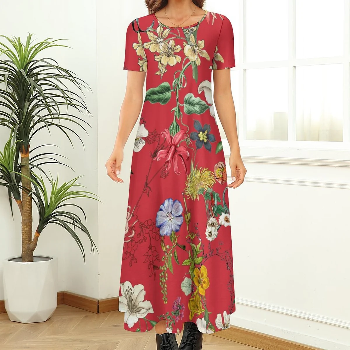 Women's Crew Neck Short Sleeve Maxi T-Shirt Dress - Vintage Wildflower Print - view 2