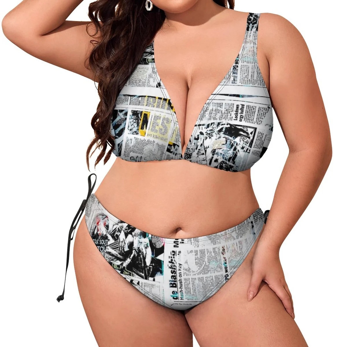 Women's Plus Size Halter Triangle Bikini Set - Vintage Newspaper Print