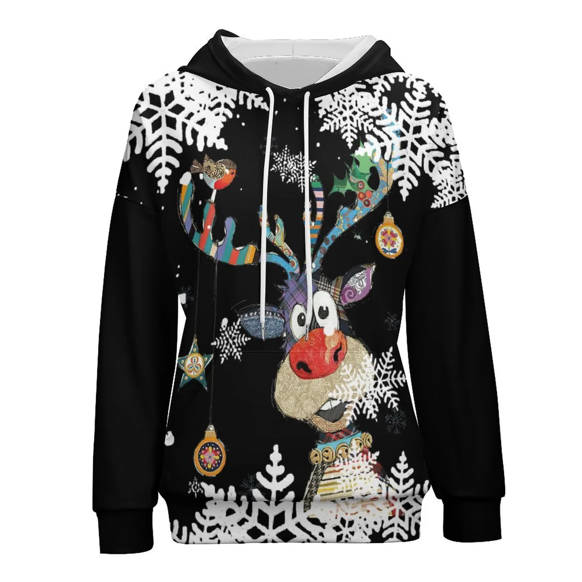 Women's Drop Shoulder Hoodie - Snowflake Reindeer Print - view 3