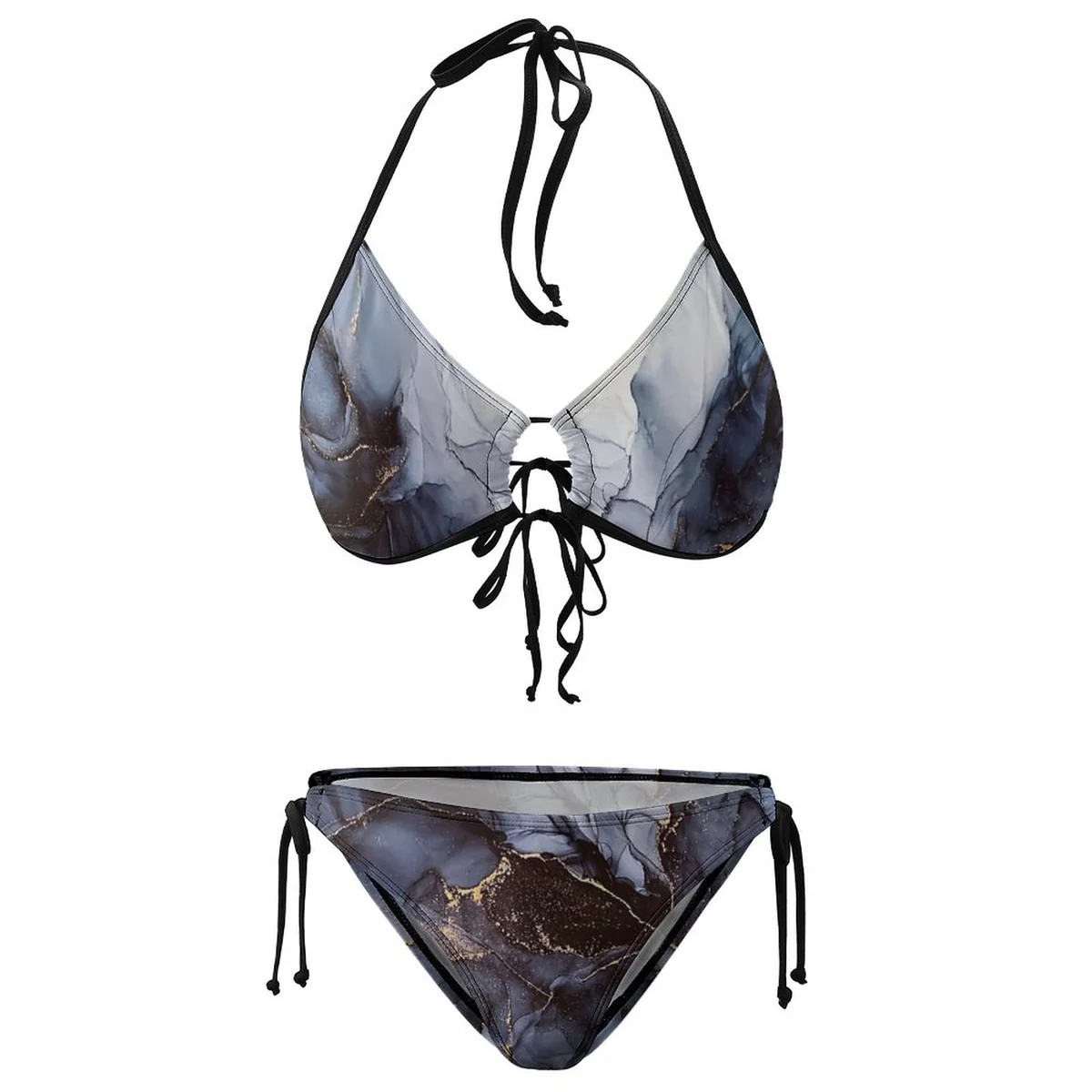 Women's Tie-Front Triangle Bikini Set - Stormy Marble Print - view 7