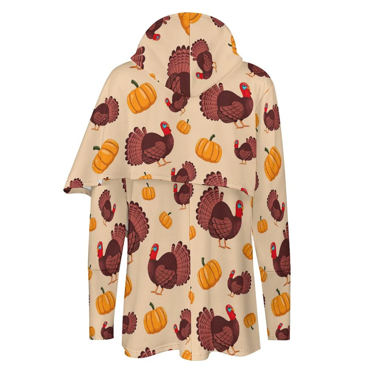 Women's Longline Asymmetric Hem Hoodie - Turkey and Pumpkin Print - view 5