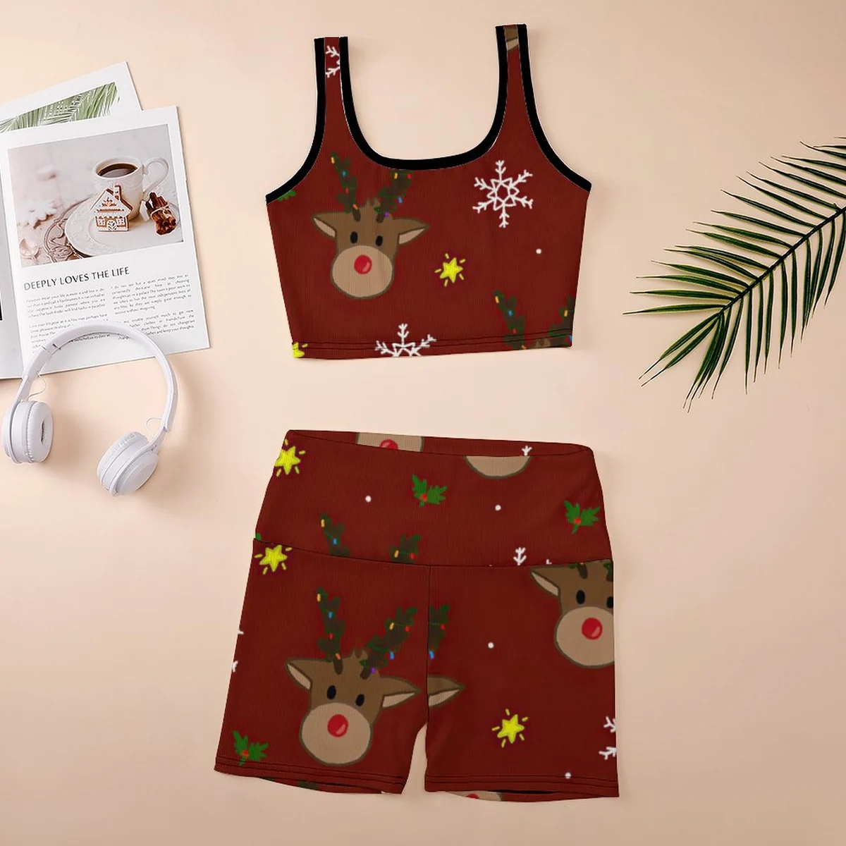 Women's Ribbed Tank and Bike Shorts Set - Reindeer and Snowflake Print - view 5