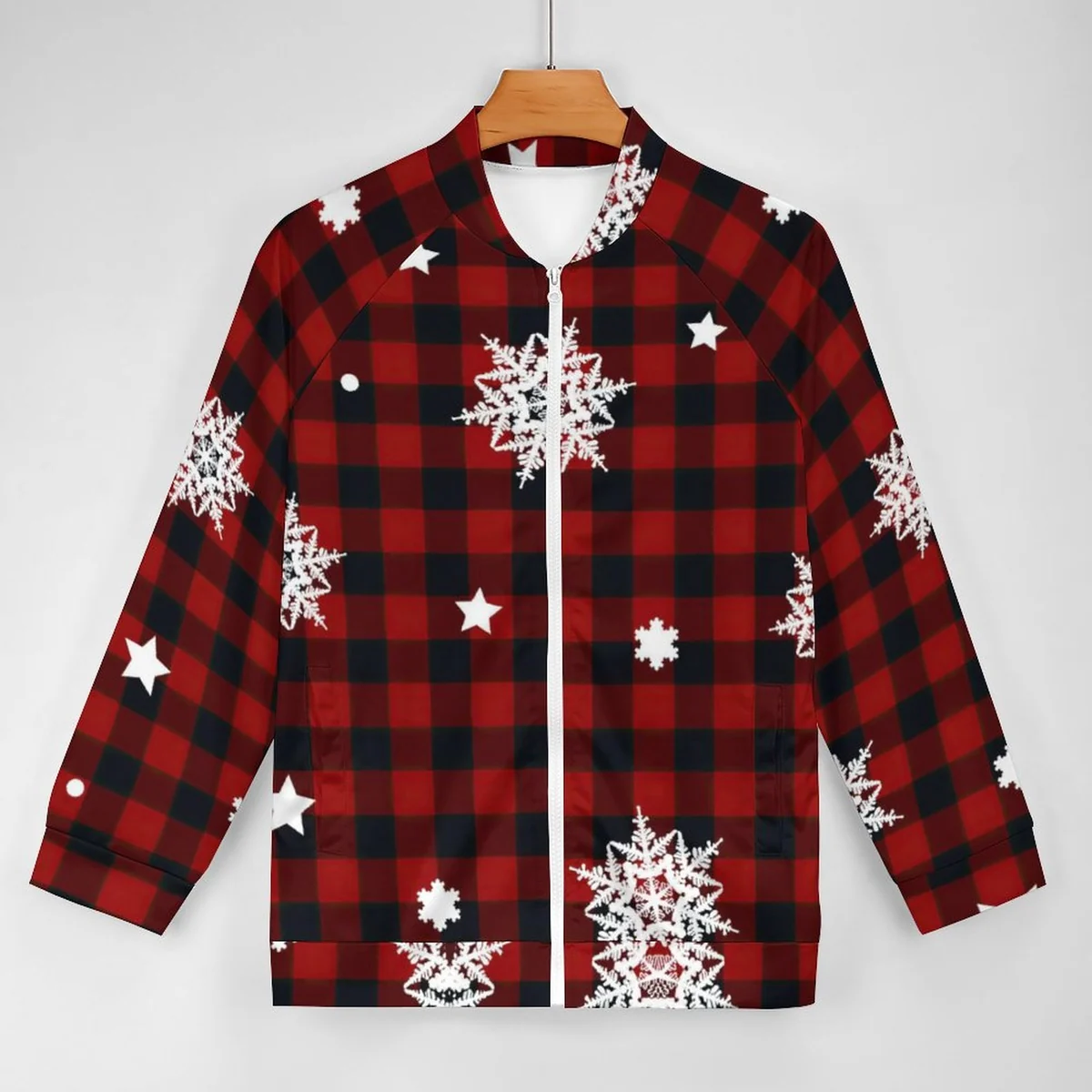 Unisex Raglan Zip Up Jacket - Buffalo Plaid Snowflake Print - view 3