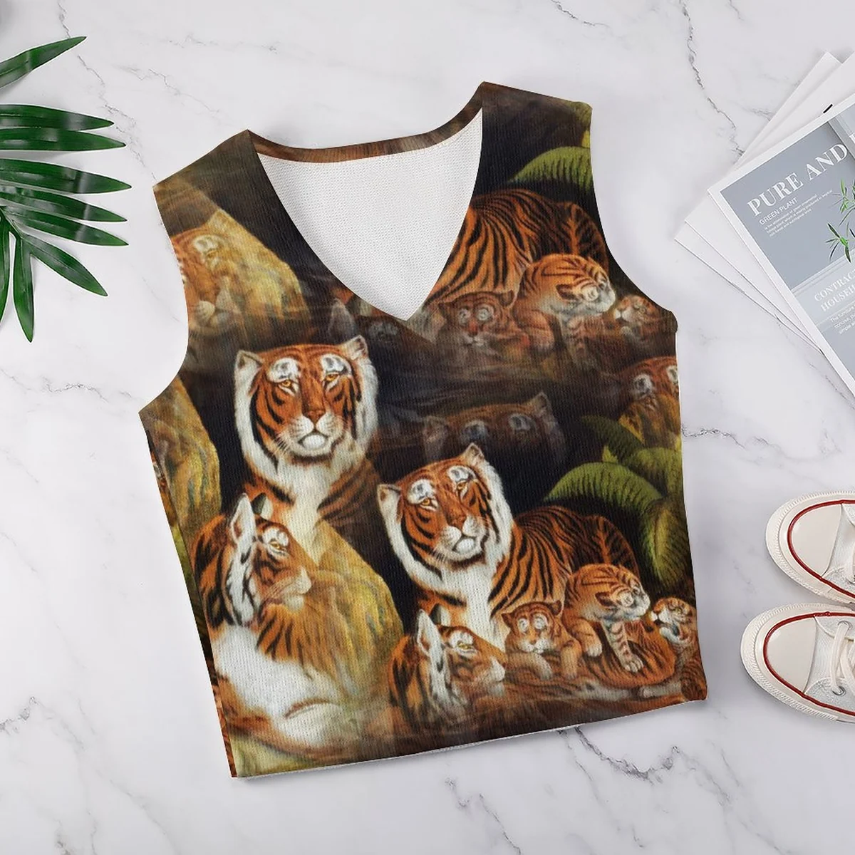 Women's V-Neck Knit Sweater Vest - Tiger Family Portrait Print - view 4